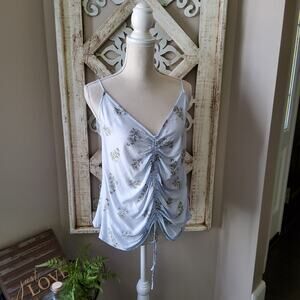 En Creme Women's Scoop Back Ruched Tie Front Tank Top in Blue Floral